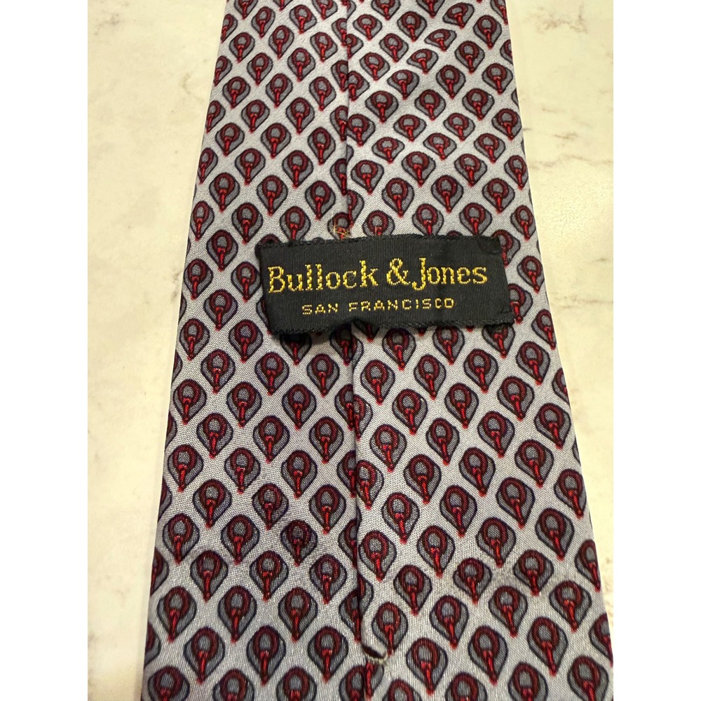 Bullock & Jones Necktie Mens OS Grey Red Geometric Silk San Francisco 0082